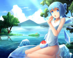 Rule 34 | 1girl, alternate costume, blue eyes, blue hair, bow, cirno, cloud, day, eating, food, grass, haikara udon, hair bow, ice, ice wings, matching hair/eyes, mountain, one-piece swimsuit, open mouth, outdoors, school swimsuit, shaved ice, sitting, sky, solo, swimsuit, touhou, tree, white school swimsuit, white one-piece swimsuit, wings