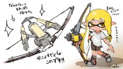 Rule 34 | 1girl, artist name, asymmetrical hair, bike shorts, blonde hair, blunt bangs, bow (weapon), braid, closed mouth, domino mask, eyebrow cut, female focus, flat chest, full body, happy, highres, holding, holding bow (weapon), holding weapon, inkling, inkling girl, inkling player character, japanese text, leg up, mask, matching hair/eyes, multicolored footwear, nintendo, pointy ears, shirt, shoes, short sleeves, signature, simple background, single braid, sketch, smile, sparkle, splatoon (series), splatoon 3, standing, standing on one leg, suction cups, tentacle hair, tentacles, translation request, twintails, weapon, white background, white shirt, yellow eyes, yui megaka