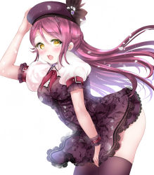 Rule 34 | 10s, 1girl, bad id, bad pixiv id, belt, blush, covering privates, dress, embarrassed, from side, hair between eyes, hair ornament, hand on headwear, hat, juliet sleeves, long hair, long sleeves, looking at viewer, love live!, love live! school idol festival, love live! sunshine!!, md5 mismatch, no panties, open mouth, ponytail korosuke, puffy short sleeves, puffy sleeves, red hair, ribbon, sakurauchi riko, short dress, short sleeves, simple background, skirt, skirt tug, solo, thighhighs, white background, wind, wind lift, yellow eyes