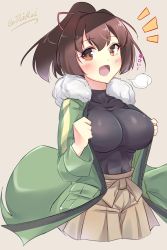 Rule 34 | 1girl, black shirt, breasts, breath, brown background, brown eyes, brown hair, brown hakama, commentary request, fur-trimmed jacket, fur trim, green jacket, hair ribbon, hakama, hakama skirt, highres, ise (kancolle), jacket, japanese clothes, kantai collection, large breasts, looking at viewer, lzd, one-hour drawing challenge, ponytail, ribbon, shirt, short hair, simple background, skin tight, skirt, solo, turtleneck, twitter username, undershirt