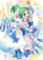 Rule 34 | 1girl, absurdres, altaria, arm above head, arm warmers, blue footwear, blue skirt, blush, creatures (company), earrings, full body, game freak, gen 3 pokemon, green eyes, green hair, highres, jewelry, lisia (pokemon), looking at viewer, midriff, navel, nintendo, open mouth, pokemon, pokemon (creature), pokemon oras, sheyona, shorts, shorts under skirt, single thighhigh, skirt, thighhighs, white shorts