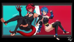 Rule 34 | 2girls, ahoge, armlet, bare hips, bare shoulders, black background, black border, black horns, black leotard, black thighhighs, blue background, blue gloves, blue hair, blue nails, blush, border, borrowed character, braid, braided ponytail, breasts, bridal gauntlets, brown nails, character name, claws, cleavage cutout, clenched hand, clothing cutout, colored skin, commentary, covered abs, demon girl, dif (difman), difman, english commentary, feet, fingerless gloves, foot up, gauntlets, gloves, gold trim, grey border, hand on floor, hand up, highres, horns, jewelry, largiena (gp), leaning on person, leotard, lizard tail, long bangs, looking at viewer, medium breasts, multiple girls, nail polish, naughty face, navel, orange eyes, original, pale skin, pendant, ponytail, red background, red hair, red skin, red tail, revealing clothes, ring, scar, scar on face, sharp teeth, shiny skin, short hair, shy, signature, silver ring, silver trim, sitting, small breasts, soles, spread toes, stirrup legwear, tail, tan, teeth, thick thighs, thighhighs, thighlet, thighs, toe ring, toeless legwear, toenail polish, toenails, toes, toned, tongue, tongue out, yellow eyes