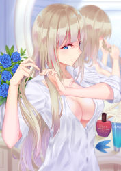 Rule 34 | 1girl, 5plus, blonde hair, blouse, blue eyes, bottle, breasts, cleavage, dior, dress shirt, eyelashes, flower, hair ornament, highres, indoors, large breasts, lexington (warship girls r), long hair, mirror, naked shirt, open clothes, open shirt, perfume bottle, reflection, shirt, sleeves rolled up, smile, solo, unworn hair ornament, very long hair, warship girls r, white shirt
