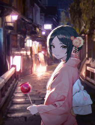 Rule 34 | 1girl, absurdres, black hair, blush, candy apple, city lights, closed mouth, commentary, cowboy shot, english commentary, flower, food, from side, grey eyes, hair flower, hair ornament, highres, holding, holding food, japanese clothes, jongho bak, kimono, long sleeves, looking at viewer, medium hair, night, original, outdoors, parted bangs, pink flower, pink kimono, sash, sidelocks, smile, solo, white flower, wide sleeves