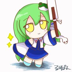 Rule 34 | 1girl, blue skirt, closed mouth, collared shirt, commentary request, detached sleeves, frog hair ornament, full body, fumo (doll), gohei, green hair, hair ornament, holding, holding stick, kochiya sanae, long hair, no nose, shirt, simple background, skirt, sleeveless, sleeveless shirt, smile, snake hair ornament, solo, sparkle, stick, touhou, very long hair, white background, white shirt, wide sleeves, yakumora n, yellow eyes