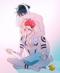 Rule 34 | 2boys, abs, arm on another&#039;s shoulder, arm tattoo, bath, bathroom, black hair, black nails, boxers, chest tattoo, completely nude, extra eyes, facial tattoo, fushiguro megumi, glorenia, hand on another&#039;s head, highres, holding, indian style, jujutsu kaisen, kneeling, leg tattoo, male focus, male underwear, multiple boys, muscular, muscular male, nail polish, nipples, notice lines, nude, pectorals, pink hair, reading, rubber duck, ryoumen sukuna (jujutsu kaisen), short hair, shoulder tattoo, sitting, spiked hair, stomach tattoo, tattoo, toenail polish, toenails, topless male, towel, towel around neck, towel on head, underwear, yaoi