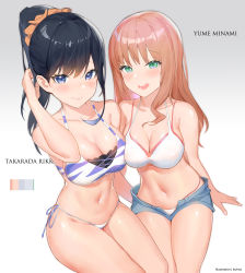 Rule 34 | 2girls, :d, animal print, asymmetrical docking, bare arms, bare legs, bare shoulders, bikini, black hair, blue eyes, blush, breast press, breasts, brown hair, character name, cleavage, collarbone, commentary request, cowboy shot, gradient background, green eyes, grey background, gridman universe, groin, hair ornament, hair scrunchie, hand up, highres, kuhnowushi, large breasts, layered bikini, long hair, looking at viewer, micro shorts, minami yume, mismatched bikini, multiple girls, navel, open fly, open mouth, orange scrunchie, ponytail, revision, scrunchie, shiny skin, shorts, side-tie bikini bottom, smile, ssss.dynazenon, ssss.gridman, stomach, swimsuit, takarada rikka, thighs, tiger print, white background, white bikini