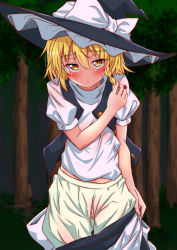 Rule 34 | 1girl, apron, bad id, bad pixiv id, black hat, black vest, blonde hair, bloomers, blush, braid, clothes pull, commentary request, crotchless, crotchless bloomers, forest, frown, hat, hat ribbon, highres, kirisame marisa, looking at viewer, mukkushi, nature, open clothes, open vest, outdoors, pulled by self, pussy, pussy peek, ribbon, shirt, single braid, skirt, skirt pull, solo, touhou, underwear, undressing, vest, waist apron, white apron, white ribbon, white shirt, witch, witch hat, yellow eyes