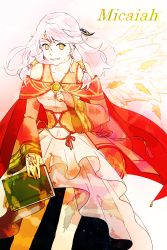 Rule 34 | 1girl, artist request, bare shoulders, book, branded, bridal gauntlets, character name, circlet, detached sleeves, dress, earrings, fingerless gloves, fire emblem, fire emblem: radiant dawn, gloves, hair tubes, highres, holding, holding book, jewelry, long hair, micaiah (fire emblem), nintendo, open mouth, silver hair, smile, solo, yellow eyes
