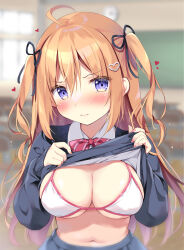 Rule 34 | 1girl, ahoge, black ribbon, black skirt, black sweater, blurry, blurry background, blush, bow, breasts, chair, cleavage, closed mouth, clothes lift, collared shirt, commentary request, depth of field, desk, diagonal-striped bow, hair between eyes, hair ornament, hair ribbon, heart, heart hair ornament, indoors, large breasts, lifting own clothes, long hair, long sleeves, orange hair, original, pan (mimi), puffy long sleeves, puffy sleeves, purple eyes, red bow, ribbon, school chair, school desk, school uniform, shirt, shirt lift, skirt, sleeves past wrists, solo, sweater, sweater lift, two side up, very long hair, wavy mouth, white shirt