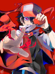 Rule 34 | 1boy, baseball cap, black hair, black shirt, black wristband, commentary request, creatures (company), game freak, hand up, hat, holding, holding poke ball, jacket, looking at viewer, male focus, nintendo, outstretched hand, poke ball, poke ball (basic), pokemon, pokemon rgby, red (pokemon), red background, red eyes, red headwear, red jacket, shirt, under etchan, upper body