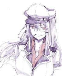 Rule 34 | 10s, 1girl, collarbone, collared shirt, gangut (kancolle), grey hair, hair between eyes, hair ornament, hair over shoulder, hairclip, hat, highres, jacket, kantai collection, long hair, long sleeves, military, military uniform, peaked cap, pipe in mouth, red eyes, sanpachishiki (gyokusai-jima), scar, shirt, simple background, smile, smoking pipe, solo, uniform, upper body, white background, white jacket