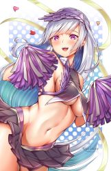 Rule 34 | 1girl, alternate costume, artist name, bare shoulders, black skirt, blush, breasts, brynhildr (cheer for master) (fate), brynhildr (fate), cheerleader, commentary, fate/grand order, fate (series), heart, highres, holding, kaptivate, long hair, looking at viewer, miniskirt, navel, purple eyes, silver hair, skirt, smile, solo, underboob, very long hair