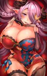Rule 34 | 1girl, black panties, braid, breast press, breasts, butterfly hair ornament, china dress, chinese clothes, cleavage, cleavage cutout, clothing cutout, curvy, detached sleeves, draph, dress, frilled thighhighs, frills, gloves, granblue fantasy, hair ornament, hair over one eye, heart, heart-shaped pupils, hei (heiyohei), highres, horns, huge breasts, large breasts, long hair, lying, narmaya (granblue fantasy), on back, panties, pink hair, short dress, solo, symbol-shaped pupils, thigh strap, thighhighs, underwear, wide hips