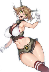Rule 34 | 10s, 1girl, bad id, bad pixiv id, breasts, brown hair, cleavage, covered erect nipples, curvy, female focus, gigantic breasts, gloves, gluteal fold, green eyes, headgear, highres, hohehohe, kantai collection, midriff, mutsu (kancolle), navel, open mouth, red thighhighs, short hair, simple background, solo, teeth, thick thighs, thighhighs, thighs, white background, white gloves, wide hips