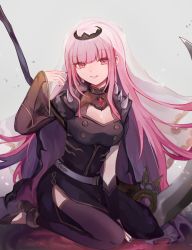 Rule 34 | 1girl, absurdres, belt, black dress, black nails, blunt bangs, breasts, cleavage, dress, gem, highres, hololive, hololive english, large breasts, long hair, looking at viewer, mori calliope, nail polish, open mouth, pink eyes, pink hair, scythe, seiza, shoulder spikes, simple background, sitting, solo, spikes, tehnyo, thighhighs, thighs, tiara, veil, very long hair, virtual youtuber