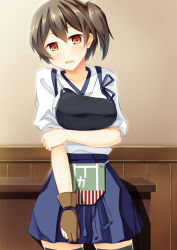 Rule 34 | 10s, 1girl, black thighhighs, blush, breasts, brown eyes, brown hair, fingerless gloves, gloves, japanese clothes, kaga (kancolle), kantai collection, large breasts, looking at viewer, muneate, open mouth, partially fingerless gloves, partly fingerless gloves, personification, short hair, side ponytail, single glove, solo, sweatdrop, syuurin, thighhighs, yugake