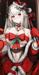 Rule 34 | 1girl, absurdres, arknights, bare shoulders, blush, bow, breasts, candy, candy cane, choker, christmas, cleavage, closed mouth, collarbone, cowboy shot, earrings, food, fur-trimmed jacket, fur trim, gift, gloves, hair ornament, hammer, hat, highres, horns, jacket, jewelry, large breasts, long hair, looking at viewer, material growth, mudrock (arknights), navel, nopetroto, off shoulder, open clothes, open jacket, oripathy lesion (arknights), pale skin, pointy ears, red bow, red eyes, red gloves, red jacket, red ribbon, ribbon, ribbon bra, ribbon choker, santa hat, sidelocks, smile, solo, variant set, white hair
