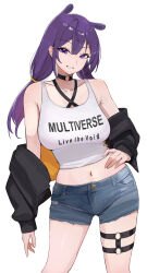 Rule 34 | 1girl, absurdres, black choker, black jacket, breasts, choker, clothes writing, commentary, cowboy shot, criss-cross halter, crop top, denim, denim shorts, english commentary, english text, grin, halterneck, hand on own hip, highres, hololive, hololive english, jacket, koupi (ku roiko), ku roiko, large breasts, long hair, midriff, navel, o-ring, o-ring choker, o-ring thigh strap, off shoulder, open clothes, open jacket, personification, purple eyes, purple hair, shirt, shorts, sidelocks, simple background, smile, solo, standing, takodachi (ninomae ina&#039;nis), teeth, thigh strap, twintails, virtual youtuber, white background, white shirt