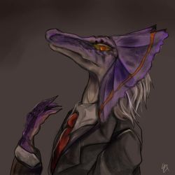 Rule 34 | capcom, colored sclera, formal, great jaggi, jaggi, monster, monster hunter (series), monster hunter 3, necktie, no humans, red eyes, scales, suit, yellow sclera