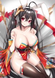Rule 34 | 1girl, :p, adapted costume, animal ears, azur lane, bare shoulders, black hair, black thighhighs, blush, breasts, cleavage, clenched hands, collarbone, hair ribbon, hands up, hattori masaki, japanese clothes, kimono, large breasts, long hair, looking at viewer, rabbit ears, red eyes, red kimono, ribbon, smile, solo, taihou (azur lane), thighhighs, tongue, tongue out, twintails
