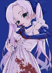 Rule 34 | 1girl, blood, blood in hair, blood on clothes, blood on face, blood stain, blue background, blue bow, blue choker, blue gloves, blush, bouen, bow, breasts, choker, commentary request, commission, cross-laced clothes, dress, elbow gloves, gloves, green eyes, hair bow, highres, licking, licking finger, long hair, looking at viewer, original, simple background, single elbow glove, skeb commission, sleeveless, sleeveless dress, slit pupils, small breasts, solo, tongue, tongue out, twintails, upper body, white dress, white hair