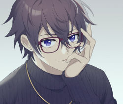 Rule 34 | 1boy, black hair, black sweater, earrings, finch (blanc1771), finger to mouth, grey background, indie virtual youtuber, jewelry, long sleeves, looking at viewer, male focus, necklace, parted lips, purple eyes, red-framed eyewear, short hair, shoto (vtuber), smile, sweater, virtual youtuber