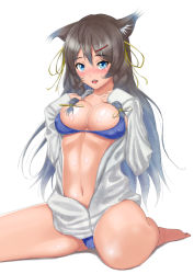 Rule 34 | 1girl, animal ears, bikini, bikini under clothes, blue bikini, blue eyes, blush, braid, breasts, brown hair, cat ears, cleavage, hair ornament, hair ribbon, hairclip, hands on own chest, jacket, large breasts, long hair, long sleeves, muffin (sirumeria), navel, open clothes, open jacket, open mouth, original, ribbon, simple background, sitting, solo, swimsuit, swimsuit under clothes, twin braids, wariza, white background