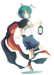 Rule 34 | 1girl, antennae, black cape, blue eyes, blue pants, brown footwear, cape, closed mouth, fireflies, full body, green hair, holding, holding lantern, lantern, leg up, looking at viewer, pants, puffy short sleeves, puffy sleeves, shirt, short hair, short sleeves, simple background, smile, solo, suichuu hanabi, touhou, v-shaped eyebrows, white background, white shirt, wriggle nightbug