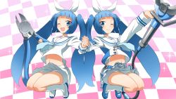 Rule 34 | 1girl, blue eyes, blue hair, dual persona, holding hands, long hair, mascot, nipako, ole tower, one eye closed, open mouth, smile, twintails, yuto (dialique)