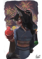 Rule 34 | 1girl, aerial fireworks, animal ears, averting eyes, black hair, blue kimono, blush, candy apple, commentary request, cropped torso, fireworks, fireworks print, food, hand fan, high ponytail, highres, hololive, hug, incoming food, japanese clothes, kimono, long hair, looking to the side, multicolored hair, nattoushouyu3, obi, ookami mio, paid reward available, paper fan, red hair, sash, signature, solo, spiked hair, streaked hair, sweatdrop, tail, uchiwa, very long hair, virtual youtuber, w arms, water yoyo, wolf ears, wolf girl, wolf tail, yellow eyes, yukata