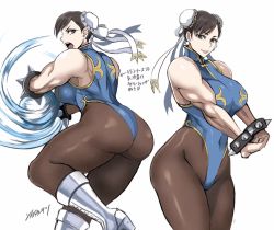 Rule 34 | 1girl, adapted costume, ass, blue leotard, boots, bracelet, breasts, brown eyes, brown hair, brown pantyhose, bun cover, capcom, chun-li, collage, commentary request, cross-laced footwear, double bun, earrings, energy ball, hair bun, highleg, highleg leotard, jewelry, kikouken, knee boots, lace-up boots, large breasts, leotard, lips, looking at viewer, multiple views, muscular, muscular female, no bra, open mouth, pantyhose, shibusun, short hair, sideways mouth, sleeveless, smile, spiked bracelet, spikes, street fighter, street fighter ii (series), stretching, thick thighs, thighs, turnaround, white footwear