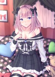 Rule 34 | 1girl, absurdres, aino iris, bare shoulders, black bow, black ribbon, black sailor collar, black skirt, blue eyes, blush, bow, breasts, cleavage, closed mouth, collarbone, commentary request, curtains, hair bow, hair ribbon, heart, heart-shaped pillow, highres, indie virtual youtuber, indoors, large breasts, long hair, long sleeves, ohguro mariya, pillow, pink hair, red bow, ribbon, sailor collar, sailor shirt, shirt, sitting, skirt, smile, solo, striped clothes, striped thighhighs, stuffed animal, stuffed toy, teddy bear, thighhighs, virtual youtuber, white shirt