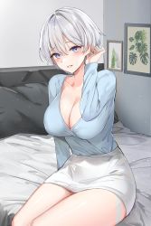 Rule 34 | 1girl, absurdres, adjusting hair, bed, bedroom, blouse, blue eyes, blue shirt, blush, bob cut, breasts, cleavage, female focus, highres, indoors, large breasts, lillly, looking at viewer, original, painting (object), pencil skirt, shirt, short hair, sitting, skirt, solo, thighs, white hair, white skirt