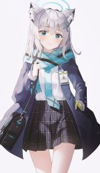 Rule 34 | 1girl, animal ears, bag, black skirt, blue archive, blue eyes, blue necktie, blue scarf, cross hair ornament, gloves, green gloves, grey background, hair ornament, halo, hand in pocket, highres, looking at viewer, necktie, omul, plaid, plaid skirt, scarf, shiroko (blue archive), short hair, silver hair, simple background, single glove, skirt, solo, standing, thighs