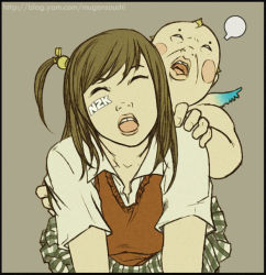 Rule 34 | 1boy, 1girl, artist name, bad id, bad pixiv id, blush stickers, closed eyes, clothed female nude male, clothed sex, doggystyle, hair bobbles, hair ornament, hetero, kusagami style, lips, long hair, majin kewpie, miniskirt, nude, open mouth, original, school uniform, sex, sex from behind, short hair, side ponytail, simple background, skirt, vaginal, vest, watermark, web address, wings