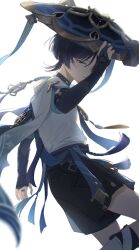 Rule 34 | 1boy, black hair, black shorts, blue cape, blue hat, blue ribbon, blurry, blurry foreground, bridal gauntlets, cape, choppy bangs, commentary request, genshin impact, gold trim, hand on headwear, hand up, hat, hat ribbon, highres, jacket, jingasa, leg up, light particles, looking at viewer, looking to the side, male focus, misaki (mskmmti), parted bangs, parted lips, pom pom (clothes), purple eyes, purple sash, ribbon, rope, sash, scaramouche (genshin impact), short hair, short sleeves, shorts, simple background, solo, tassel, vision (genshin impact), wanderer (genshin impact), white background, white jacket, wide sleeves