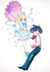 1boy 1girl :o ahoge alternate_costume apron aqua_apron aqua_shoes arms_up black_footwear black_hair black_pants bloom blurry burippoi closed_mouth collared_shirt dated deformed depth_of_field dress falling_flower falling_petals flipped_bangs floating_hair flower footwear_flower frilled_dress frilled_gloves frilled_sleeves frills full_body gloves green_hair holding lace lace-trimmed_dress lace_trim layered_clothes light_smile lolita_fashion long_sleeves looking_at_viewer marle_(puyopuyo) midair neckerchief open_hand pants pantyhose parted_lips petals pink_flower pink_petals pink_vest purple_eyes puyopuyo puyopuyo_tetris_2 red_neckerchief ribbon shirt shoes short_hair short_sleeves signature simple_background smile squares_(puyopuyo) two-handed umbrella vest waist_apron white_background white_dress white_flower white_gloves white_pantyhose white_shirt wrist_flower yellow_eyes