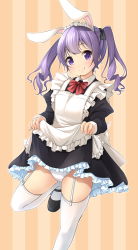 Rule 34 | 1girl, animal ears, apron, black bow, black dress, black footwear, bow, brown background, closed mouth, clothes lift, collared dress, commentary request, dress, dress lift, frilled apron, frilled dress, frills, garter straps, hair bow, highres, lifted by self, long hair, looking at viewer, maid, maid apron, maid headdress, mary janes, original, panties, pleated dress, purple eyes, purple hair, rabbit ears, red bow, shibacha, shoes, smile, solo, standing, standing on one leg, striped, striped background, thighhighs, twintails, underwear, vertical stripes, white apron, white panties, white thighhighs