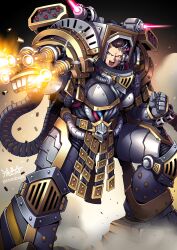 Rule 34 | 1girl, adeptus astartes, ammunition belt, armor, breastplate, brown hair, clenched hand, clenched hands, firing, full armor, gauntlets, genderswap, genderswap (mtf), gold trim, greaves, gun, hazard stripes, highres, iron warriors, legs apart, mechanical parts, missile pod, open mouth, pauldrons, perturabo, power armor, primarch, rivets, rocket launcher, ryuusei (mark ii), scowl, shell casing, short hair, shoulder armor, signature, skull, solo, standing, teeth, tube, warhammer 40k, weapon