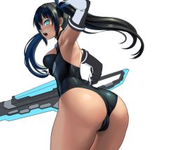 Rule 34 | 1girl, aqua eyes, armpits, ass, black hair, black heart (neptunia), breasts, cameltoe, elbow gloves, gloves, holding, holding weapon, lasterk, leotard, long hair, looking at viewer, looking back, medium breasts, neptune (series), noire (neptunia), open mouth, simple background, solo, sword, symbol-shaped pupils, twintails, unfinished, weapon, white background