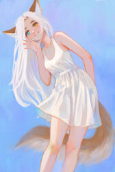 Rule 34 | 1girl, animal ears, aqua eyes, blue background, breasts, cat ears, cat girl, dress, feet out of frame, fox ears, fox girl, fox tail, heterochromia, highres, leaning to the side, long hair, looking at viewer, losse (personal ami), original, see-through, see-through dress, shchrit, small breasts, smile, solo, tail, thick eyebrows, very long hair, waving arm, white dress, white hair, yellow eyes