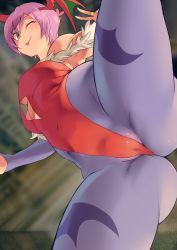Rule 34 | 1girl, animal print, ass, bare shoulders, bat print, bat wings, blue pantyhose, blush, breasts, bridal gauntlets, capcom, cleavage, cleavage cutout, closed mouth, clothing cutout, crotch, demon girl, head wings, highleg, highleg leotard, highres, leotard, lilith aensland, looking at viewer, minakami (flyingman555), one eye closed, pantyhose, print pantyhose, purple hair, red eyes, red leotard, short hair, small breasts, smile, solo, spread legs, thighs, tongue, tongue out, underboob, vampire (game), wings