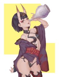 Rule 34 | 1girl, bare shoulders, blunt bangs, bob cut, bottle, breasts, collarbone, eyeliner, fate/grand order, fate (series), forehead jewel, hair ornament, hitoshi (slambird), horns, japanese clothes, kimono, looking at viewer, makeup, navel, oni, open mouth, pouring, purple eyes, purple hair, revealing clothes, sash, short hair, shuten douji (fate), small breasts, smile, solo, thighs