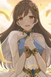 Rule 34 | 1girl, absurdres, brown hair, commentary request, commission, duffy, hairband, highres, idolmaster, idolmaster cinderella girls, long hair, looking at viewer, nitta minami, open mouth, pixiv commission, red eyes, smile, solo, upper body