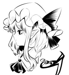 Rule 34 | 1girl, ascot, closed mouth, flandre scarlet, from side, greyscale, hanokami, hat, hat ribbon, high contrast, highres, mob cap, monochrome, one side up, pointy ears, portrait, ribbon, simple background, smile, solo, touhou