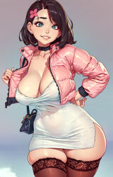 Rule 34 | 1girl, bag, black choker, black thighhighs, breasts, brown hair, choker, collarbone, commentary, cowboy shot, cropped jacket, curvy, dress, ear piercing, english commentary, grin, hand on own hip, handbag, jacket, jacket tug, large breasts, looking at viewer, making-of available, medium hair, mixed-language commentary, nikichen, original, piercing, pink jacket, smile, teeth, thick thighs, thighhighs, thighs, white dress