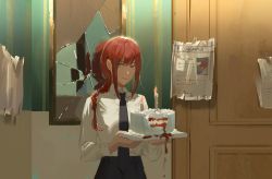 Rule 34 | 1girl, ambiguous red liquid, birthday cake, black necktie, black skirt, braid, broken mirror, cake, candle, chainsaw man, closed mouth, collared shirt, copyright name, door, food, highres, indoors, long sleeves, makima (chainsaw man), mirror, necktie, null (skev7724), paper, red hair, shirt, skirt, smile, solo, white shirt, yellow eyes