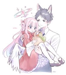 Rule 34 | 1boy, 1girl, angel wings, animal ears, basket, black hair, blue archive, blush, cake, capelet, carrying, carrying person, collared shirt, cosplay, dress, ekoru, feathered wings, food, grey eyes, hair bun, halo, highres, hood, hood down, little red riding hood, little red riding hood (grimm), little red riding hood (grimm) (cosplay), long hair, looking at another, low wings, mary janes, mika (blue archive), open mouth, pantyhose, petticoat, pink hair, princess carry, red capelet, red dress, sensei (blue archive), shirt, shoes, simple background, single side bun, swiss roll, very long hair, white background, white pantyhose, white shirt, white wings, wings, wolf boy, wolf ears