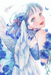 Rule 34 | 1girl, :d, artist name, bare shoulders, blue flower, blue hair, blue rose, blue theme, bow, dated, falling petals, feathered wings, feathers, flower, hair bow, hair flower, hair ornament, highres, looking at viewer, looking back, medium hair, open mouth, original, painting (medium), petals, purple bow, rose, shiratama anzu, signature, smile, solo, teeth, traditional media, upper body, watercolor (medium), watermark, white background, white wings, wings
